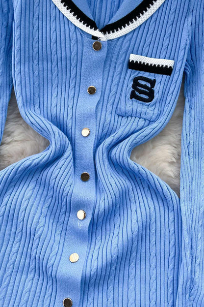 Embroidery Lapel Single-breasted Knit Dress - Seldom Seen Styles