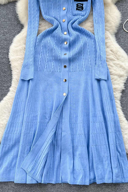 Embroidery Lapel Single-breasted Knit Dress - Seldom Seen Styles