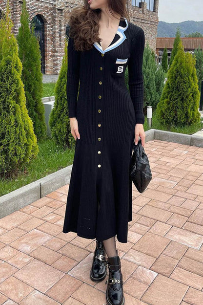 Embroidery Lapel Single-breasted Knit Dress - Seldom Seen Styles