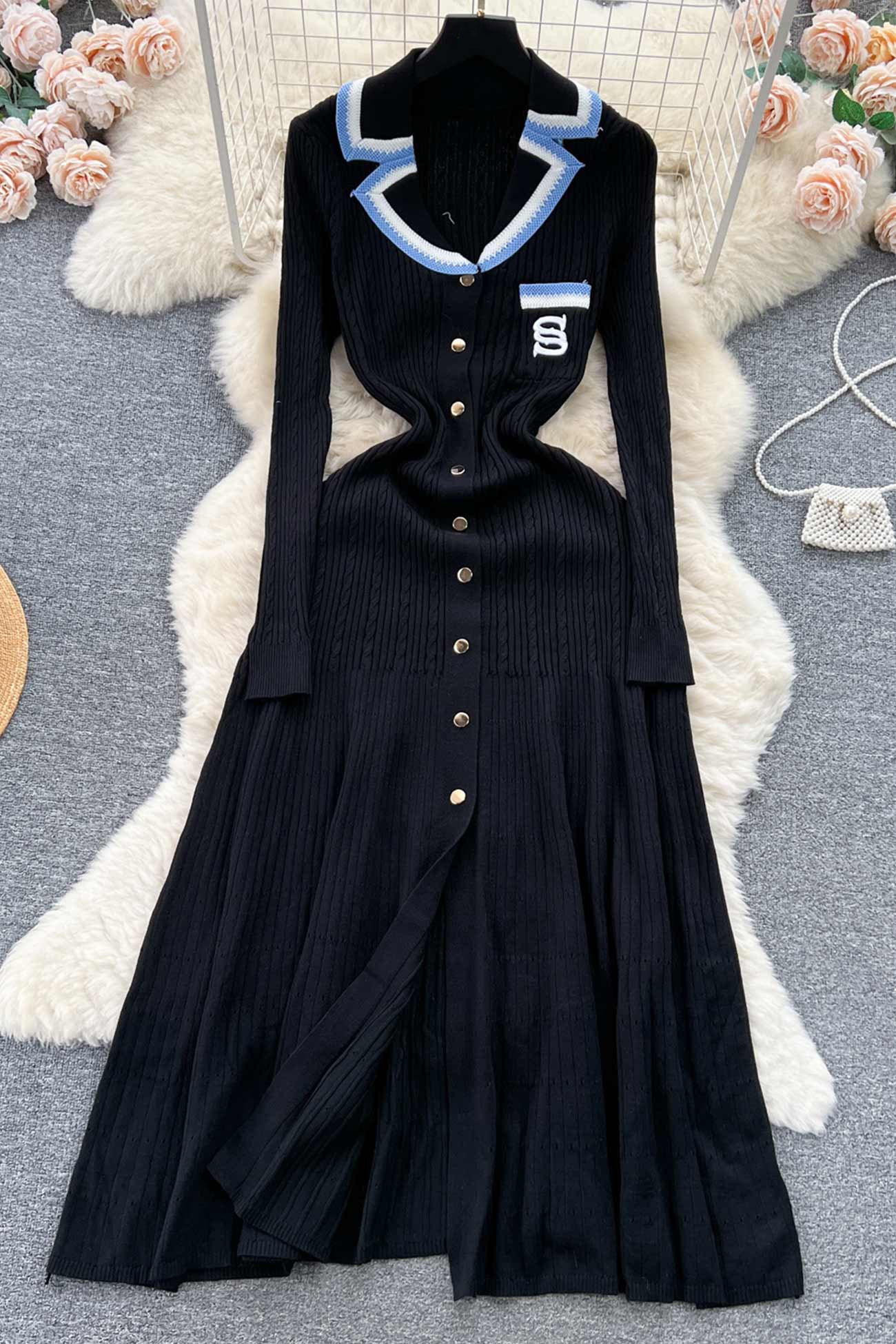 Embroidery Lapel Single-breasted Knit Dress - Seldom Seen Styles