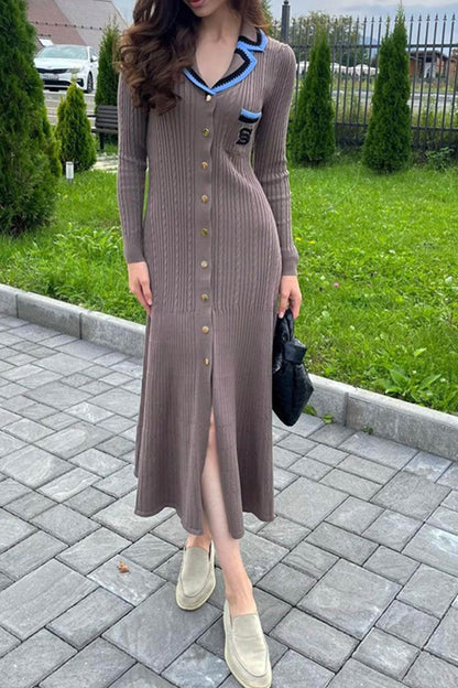 Embroidery Lapel Single-breasted Knit Dress - Seldom Seen Styles