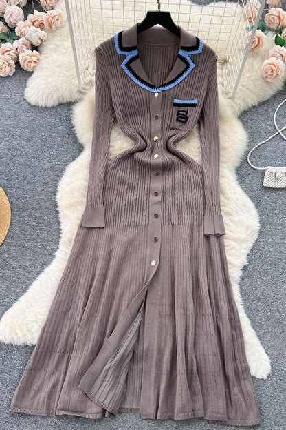 Embroidery Lapel Single-breasted Knit Dress - Seldom Seen Styles