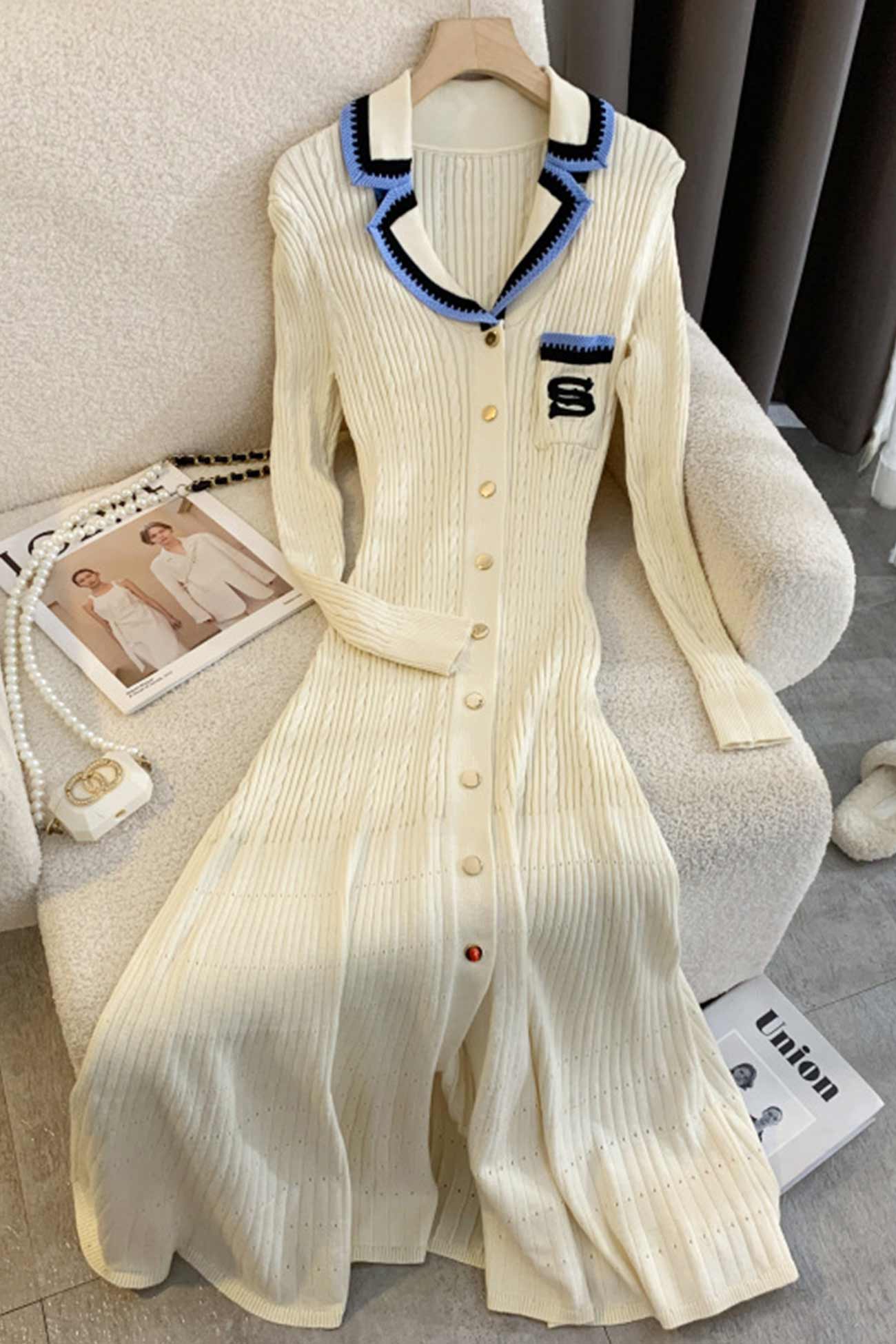 Embroidery Lapel Single-breasted Knit Dress - Seldom Seen Styles