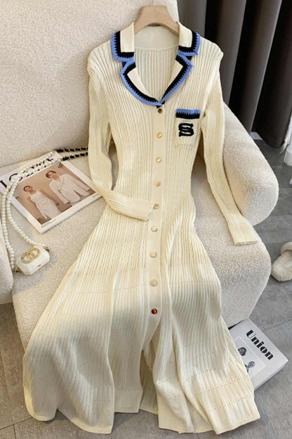 Embroidery Lapel Single-breasted Knit Dress - Seldom Seen Styles