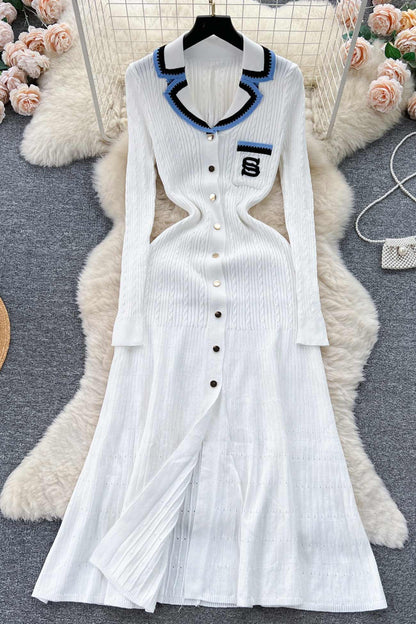 Embroidery Lapel Single-breasted Knit Dress - Seldom Seen Styles