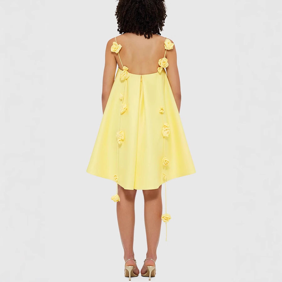 Emma Spaghetti Strap Rose Detail Mini Dress Strappy Satin Dress INS Casual Loose Vacation Women's Dress - Seldom Seen Styles