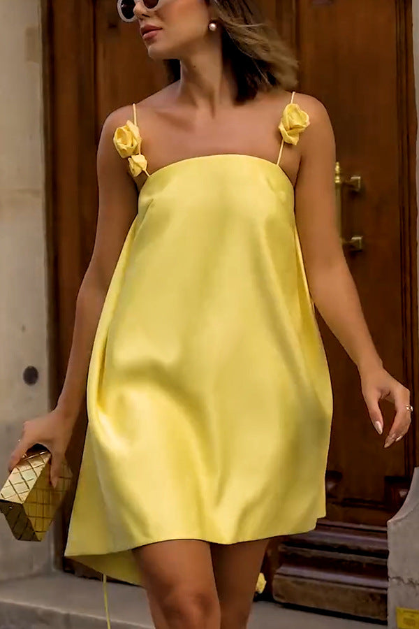 Emma Spaghetti Strap Rose Detail Mini Dress Strappy Satin Dress INS Casual Loose Vacation Women's Dress - Seldom Seen Styles