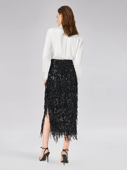 Tassel Sequin Midi Skirt