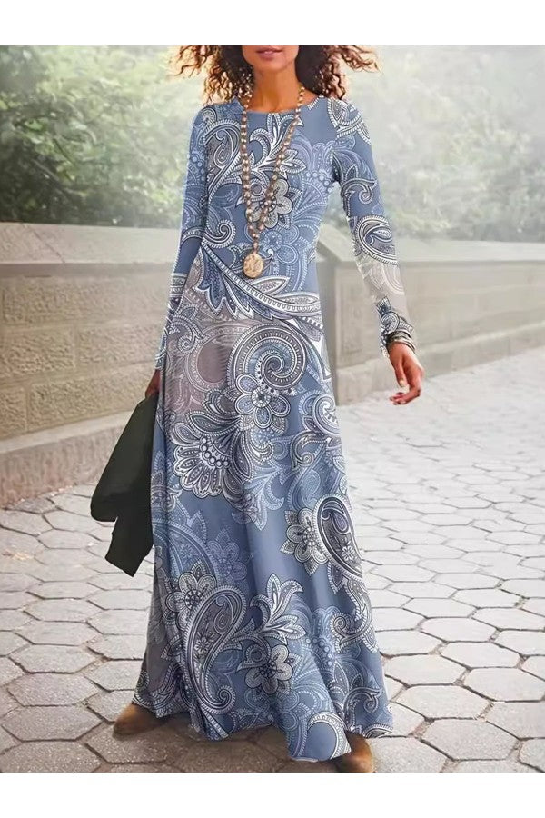 Ethnic Crew Neck Long Sleeve Maxi Dress - Seldom Seen Styles