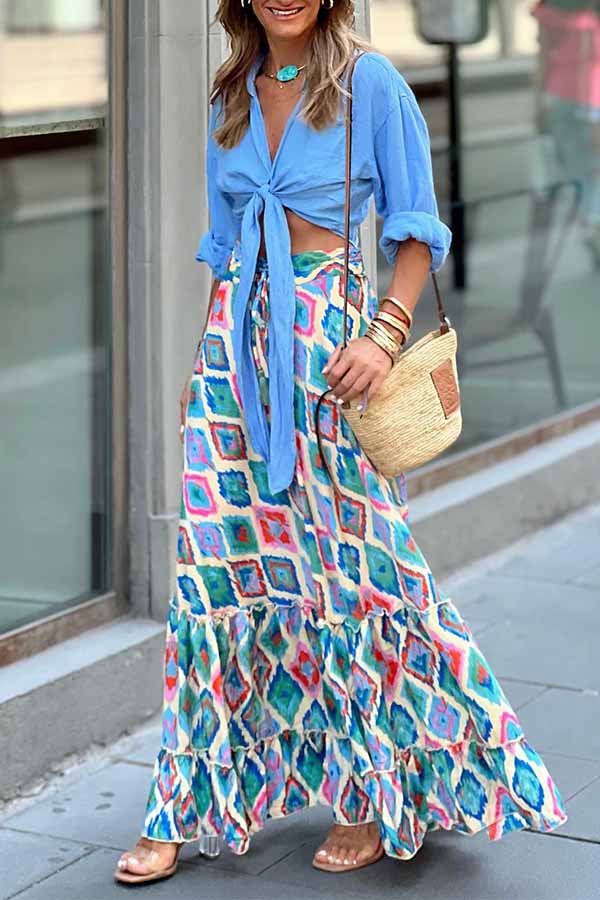 Ethnic Print Drawstring Elastic Waist Maxi Skirt - Seldom Seen Styles
