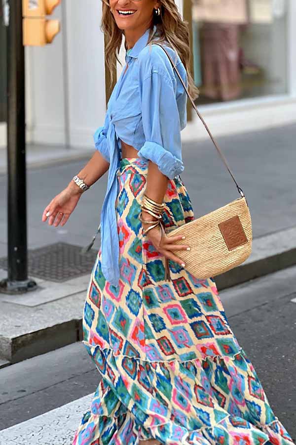 Ethnic Print Drawstring Elastic Waist Maxi Skirt - Seldom Seen Styles
