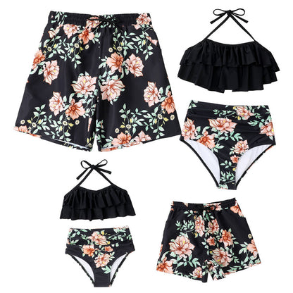 Family Matching Bathing Suits Leaves Print 2 Pieces Swimsuits Sets Couples Swimwear Ruffle Mommy and Me Bathing Suits - Seldom Seen Styles