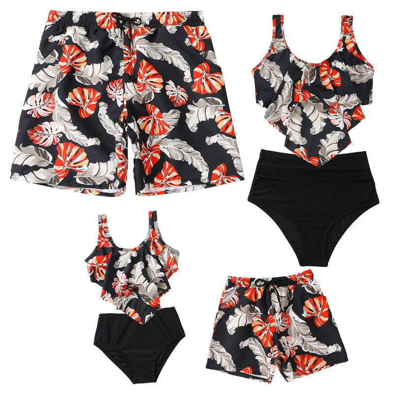 Family Matching Bathing Suits Leaves Print 2 Pieces Swimsuits Sets Couples Swimwear Ruffle Mommy and Me Bathing Suits - Seldom Seen Styles