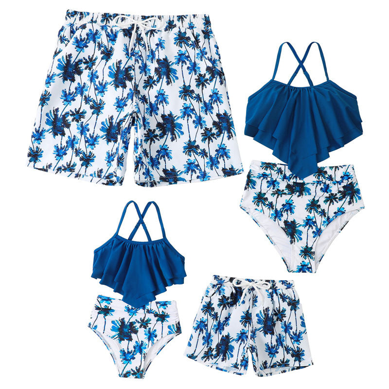 Family Matching Bathing Suits Leaves Print 2 Pieces Swimsuits Sets Couples Swimwear Ruffle Mommy and Me Bathing Suits - Seldom Seen Styles