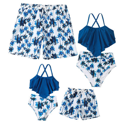 Family Matching Bathing Suits Leaves Print 2 Pieces Swimsuits Sets Couples Swimwear Ruffle Mommy and Me Bathing Suits - Seldom Seen Styles