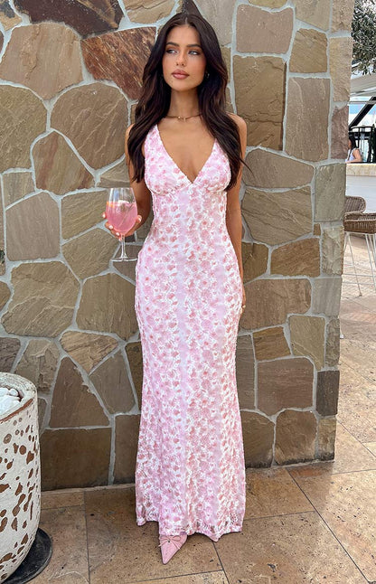 Farida Pink Lace Maxi Dress Floral Dresses For Women V Neck - Seldom Seen Styles
