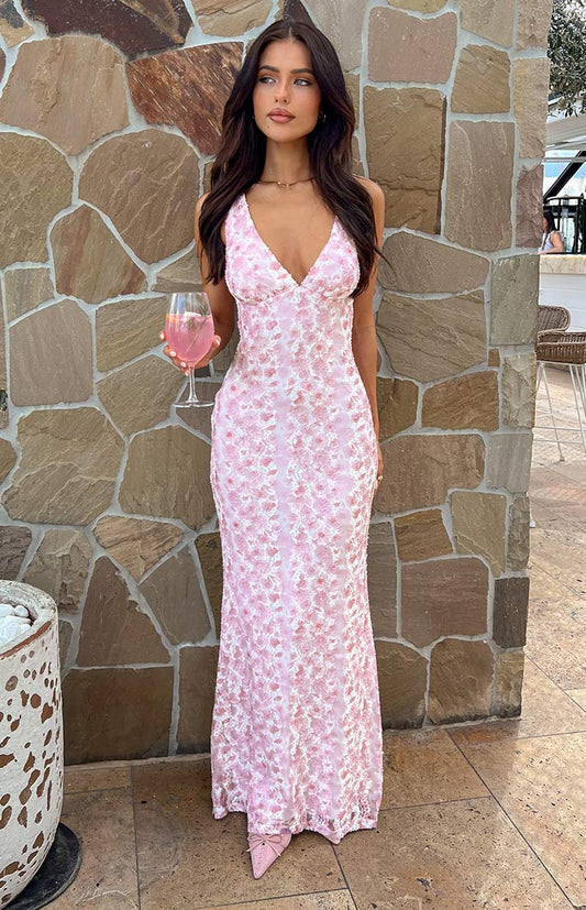 Farida Pink Lace Maxi Dress Floral Dresses For Women V Neck - Seldom Seen Styles