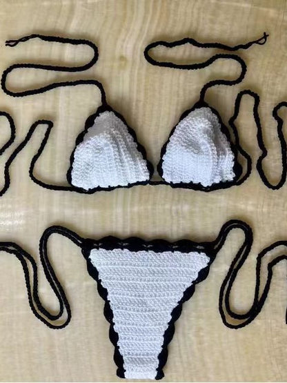 Fashion Knitted Hand-Crocheted Sexy Bikini Black and White Color-Block Swimsuit Beach Swimwear Set - Seldom Seen Styles