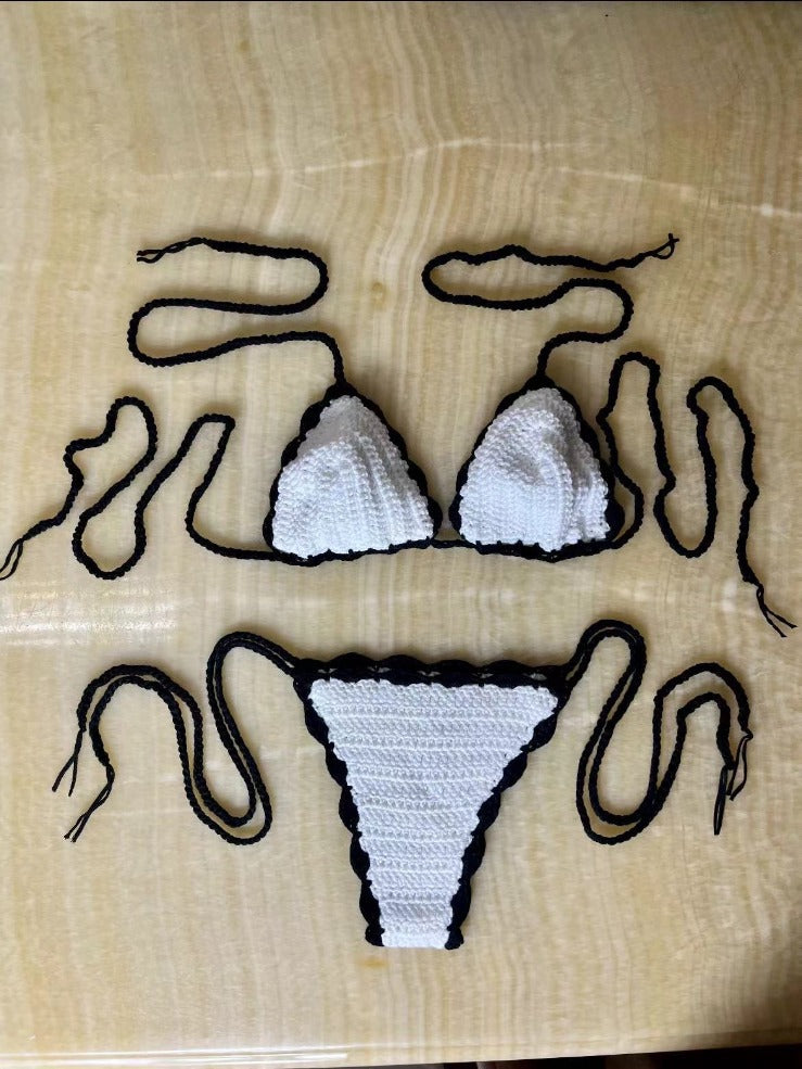 Fashion Knitted Hand-Crocheted Sexy Bikini Black and White Color-Block Swimsuit Beach Swimwear Set - Seldom Seen Styles