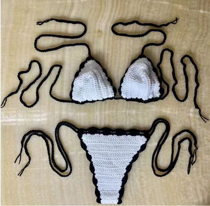 Fashion Knitted Hand-Crocheted Sexy Bikini Black and White Color-Block Swimsuit Beach Swimwear Set - Seldom Seen Styles