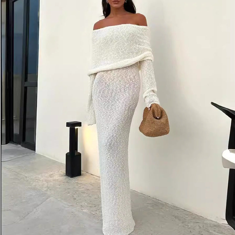 Feo Off-shoulder Maxi Dress French Style Beach Dress Long Sleeve Knitted  Dress Long Dress for Women - Seldom Seen Styles