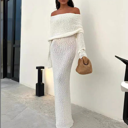 Feo Off-shoulder Maxi Dress French Style Beach Dress Long Sleeve Knitted  Dress Long Dress for Women - Seldom Seen Styles