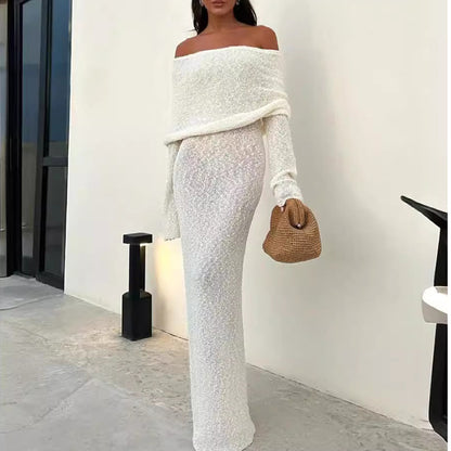 Feo Off-shoulder Maxi Dress French Style Beach Dress Long Sleeve Knitted  Dress Long Dress for Women - Seldom Seen Styles