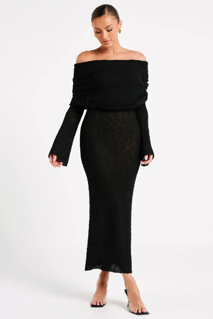 Feo Off-shoulder Maxi Dress French Style Beach Dress Long Sleeve Knitted  Dress Long Dress for Women - Seldom Seen Styles