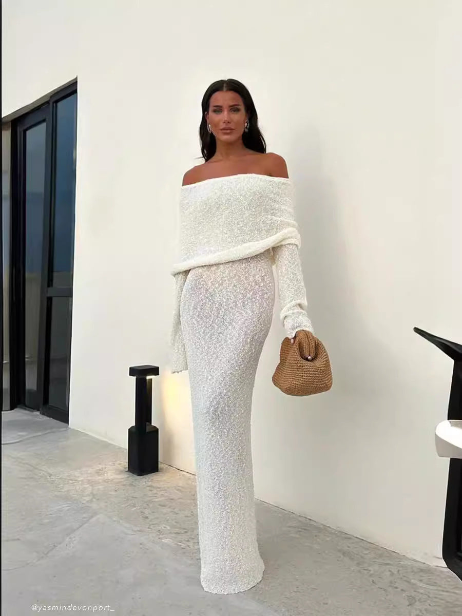 Feo Off-shoulder Maxi Dress French Style Beach Dress Long Sleeve Knitted  Dress Long Dress for Women - Seldom Seen Styles