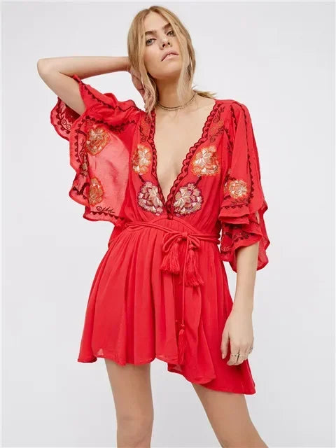 Fioretta Flame Mini Deep V Dress Embroidered Mini Dress - Seldom Seen Styles