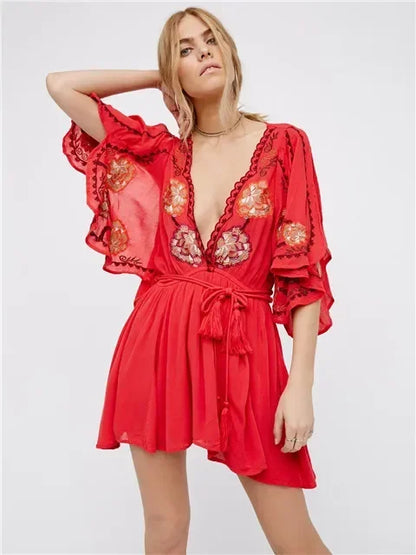 Fioretta Flame Mini Deep V Dress Embroidered Mini Dress - Seldom Seen Styles