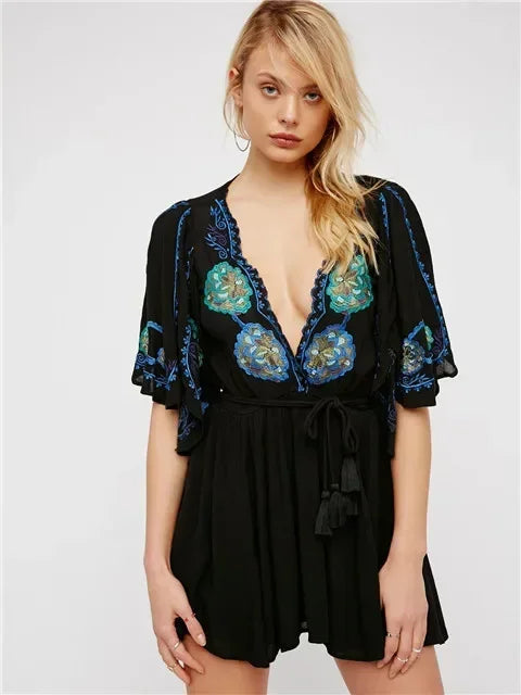 Fioretta Flame Mini Deep V Dress Embroidered Mini Dress - Seldom Seen Styles