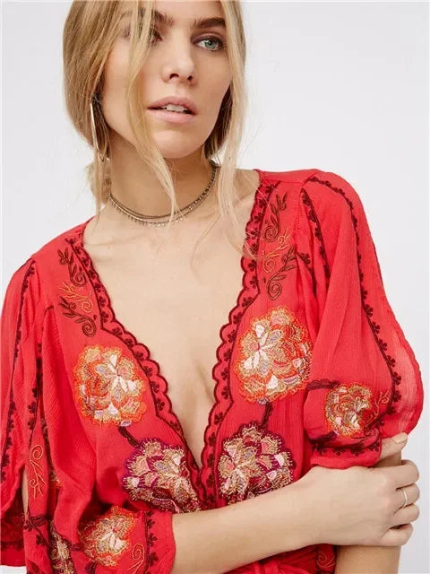 Fioretta Flame Mini Deep V Dress Embroidered Mini Dress - Seldom Seen Styles