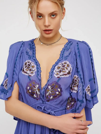 Fioretta Flame Mini Deep V Dress Embroidered Mini Dress - Seldom Seen Styles