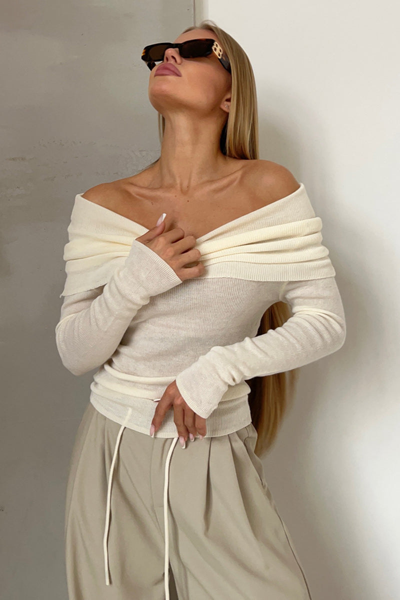 Fitted Crew Neck Long Sleeve Shirts for Women Off Shoulder Ribbed Knit Slim Fit Going Out Tops Outfits 2025 Trendy Fashion Clothes - Seldom Seen Styles