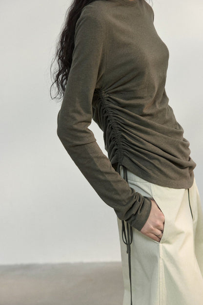 Fitted Textured Pleated Cotton Linen Women's Casual Long Sleeve Tops Crew Neck Round Hem  T-Shirts Tunic Tops - Seldom Seen Styles