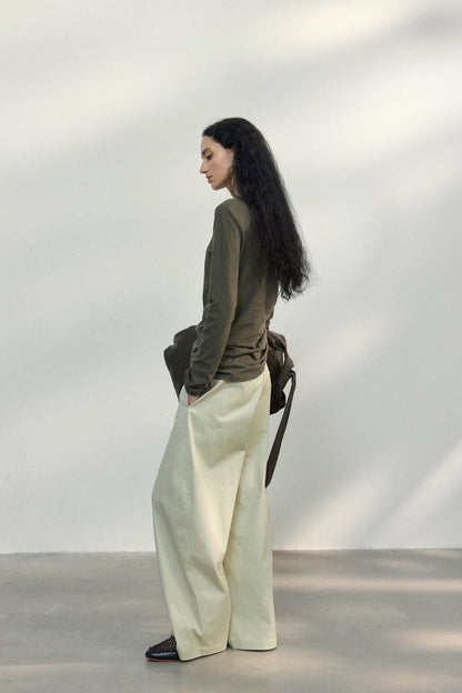 Fitted Textured Pleated Cotton Linen Women's Casual Long Sleeve Tops Crew Neck Round Hem  T-Shirts Tunic Tops - Seldom Seen Styles