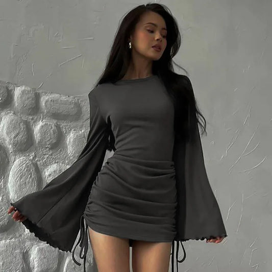 Flare Sleeve Drawstring Solid Mini Dress - Seldom Seen Styles