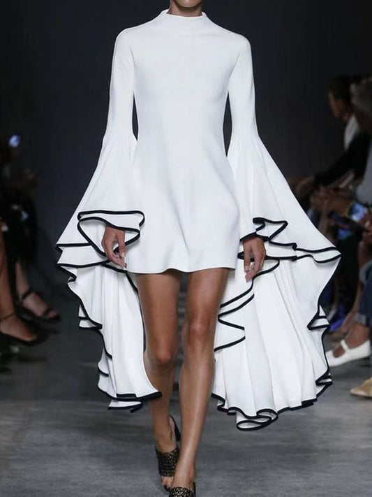 Flared Sleeves Long Sleeves Solid Color Stand Collar Mini Dresses - Seldom Seen Styles