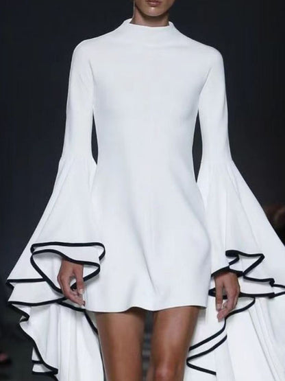 Flared Sleeves Long Sleeves Solid Color Stand Collar Mini Dresses - Seldom Seen Styles