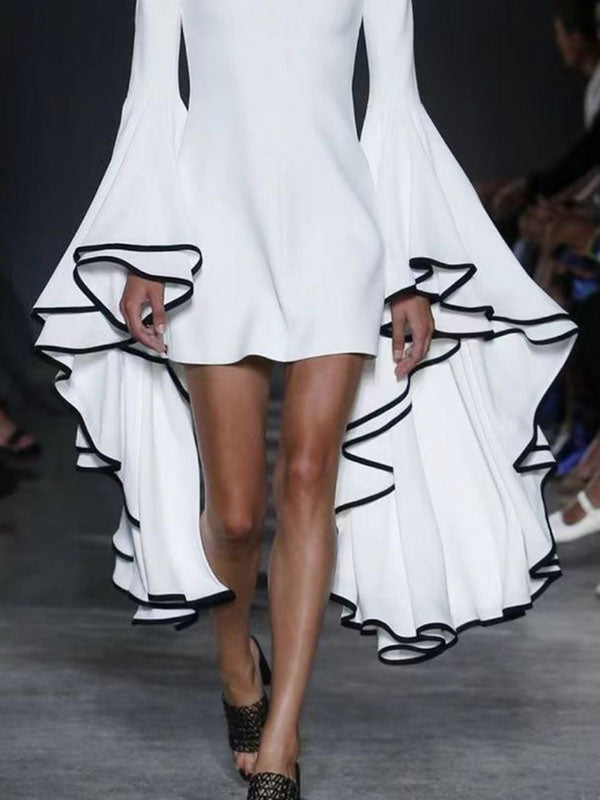 Flared Sleeves Long Sleeves Solid Color Stand Collar Mini Dresses - Seldom Seen Styles