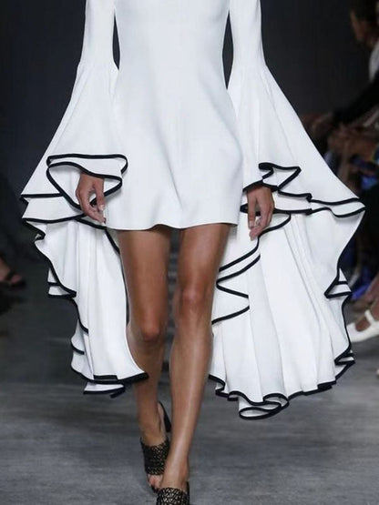 Flared Sleeves Long Sleeves Solid Color Stand Collar Mini Dresses - Seldom Seen Styles