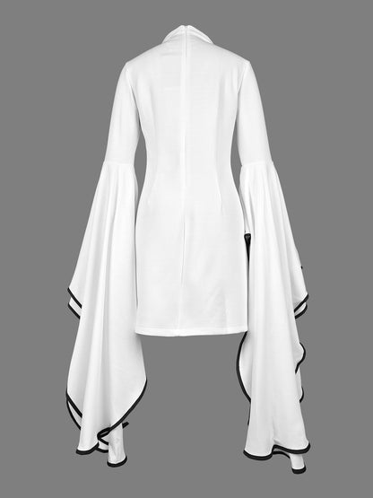 Flared Sleeves Long Sleeves Solid Color Stand Collar Mini Dresses - Seldom Seen Styles