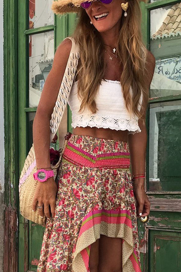 Floral Boho Printed Smocked Waist High Low Maxi Skirt - Seldom Seen Styles