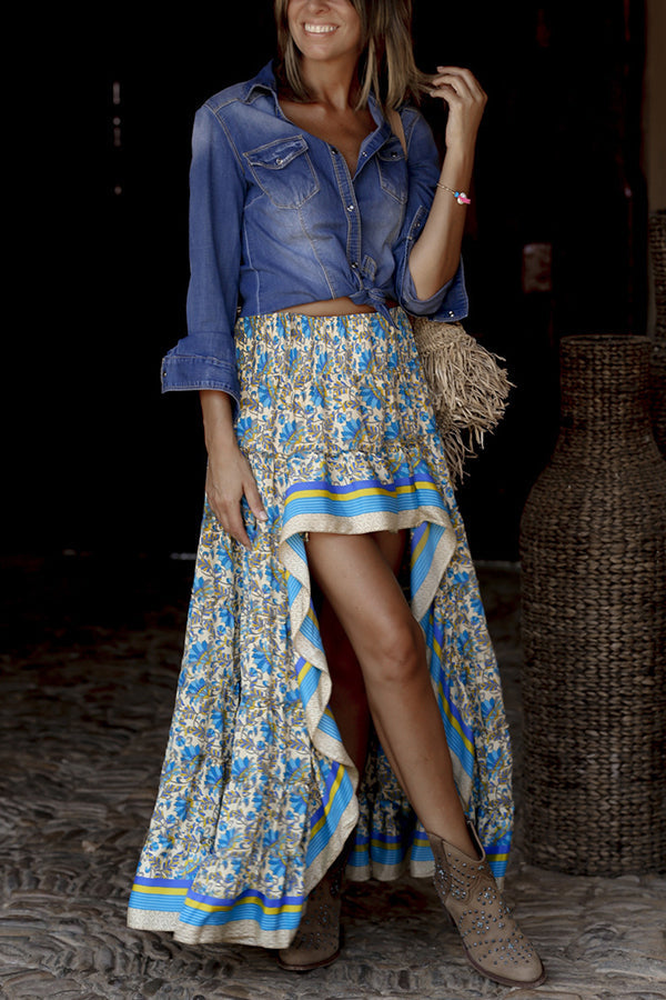 Floral Boho Printed Smocked Waist High Low Maxi Skirt - Seldom Seen Styles