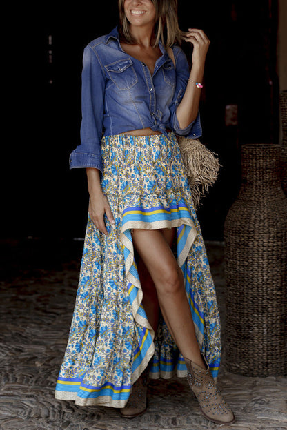 Floral Boho Printed Smocked Waist High Low Maxi Skirt - Seldom Seen Styles