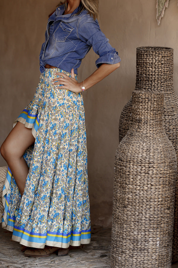 Floral Boho Printed Smocked Waist High Low Maxi Skirt - Seldom Seen Styles