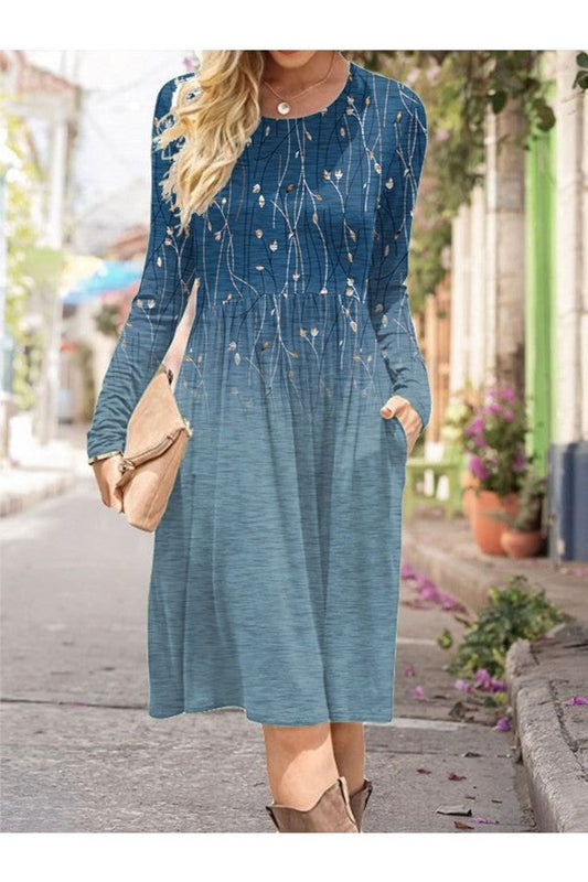 Floral Crew Neck Long Sleeve Comfy Casual Midi Dress - Seldom Seen Styles