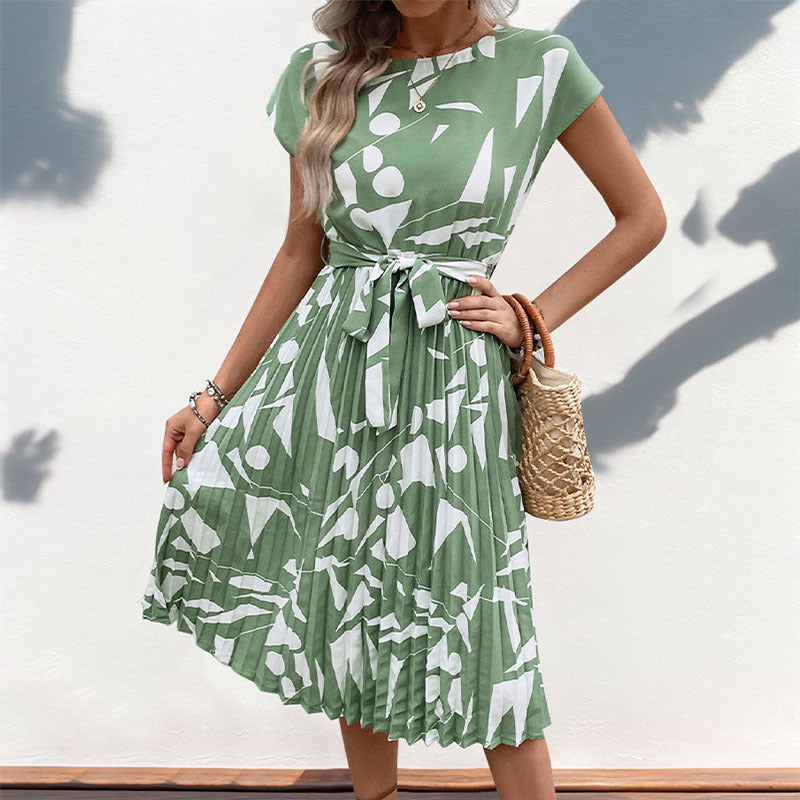 Floral Dress for Women Wedding Guest Crewneck Short Sleeve Casual Summer Dress Tie Waist Midi Flowy Boho Beach Dresses - Seldom Seen Styles