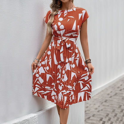 Floral Dress for Women Wedding Guest Crewneck Short Sleeve Casual Summer Dress Tie Waist Midi Flowy Boho Beach Dresses - Seldom Seen Styles